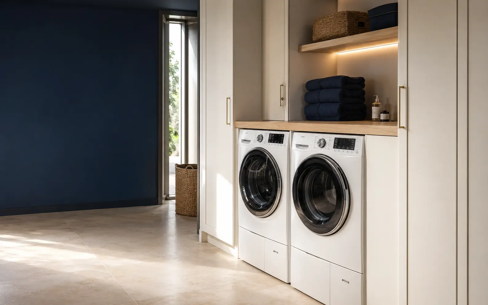 Complete wasruimte op maat met kasten, werkblad, wasmachine en droger